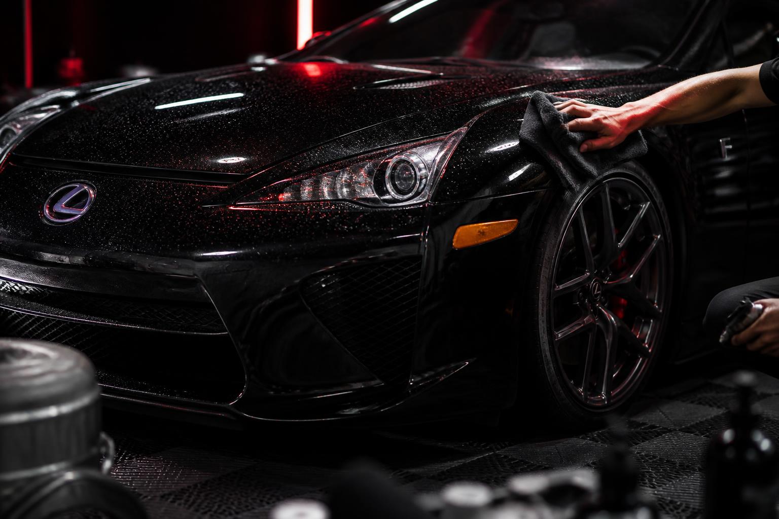 Hand detailing the front quarter panel of a black Lexus LFA