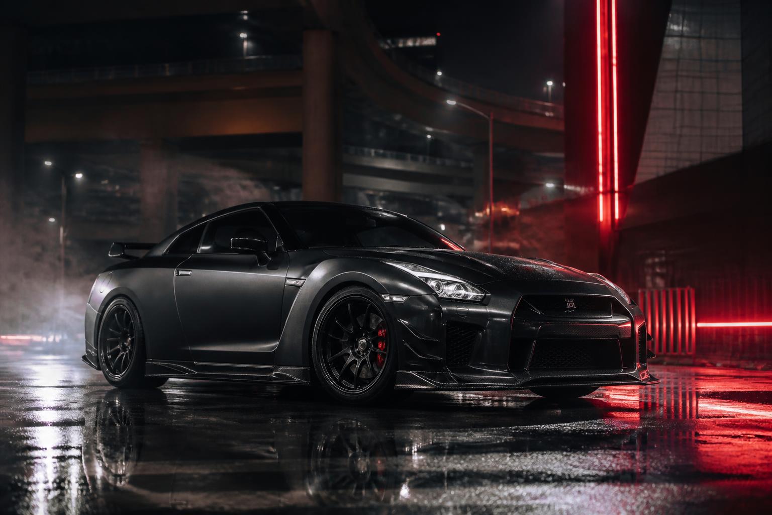 Black Nissan GT-R R35 under Tokyo rain and red neon